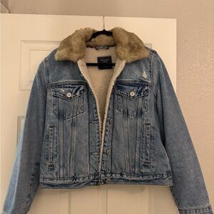 Abercrombie & Fitch Blue Denim Jacket with Tan Faux Fur Collar